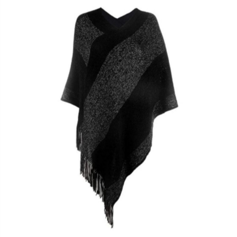 Knitted Shawl with Fringed V-Neck Striped Sweater Pullover Faux Cashmere - Picture 6 of 6